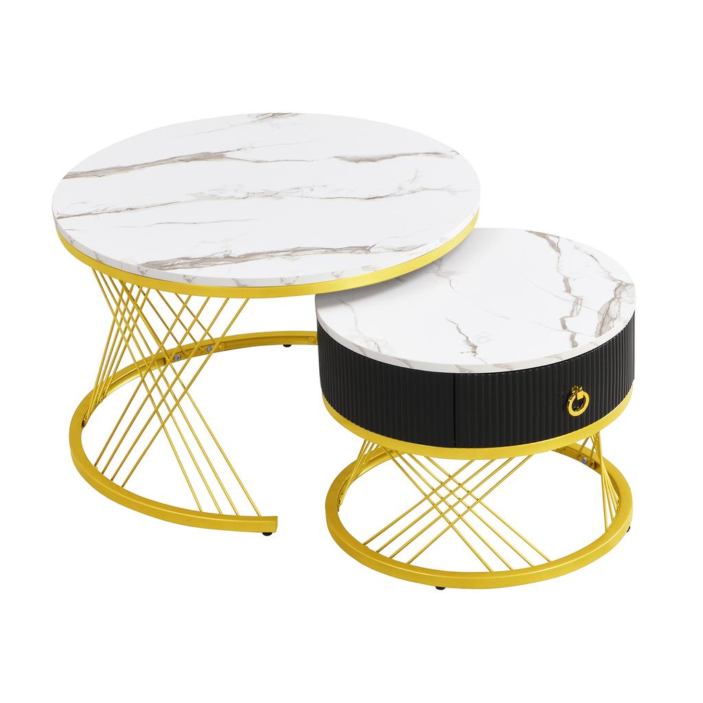 Elegant Assemblable Coffee Table: Marble Look, Gold Decor, Side Table with Drawers – Set of 2