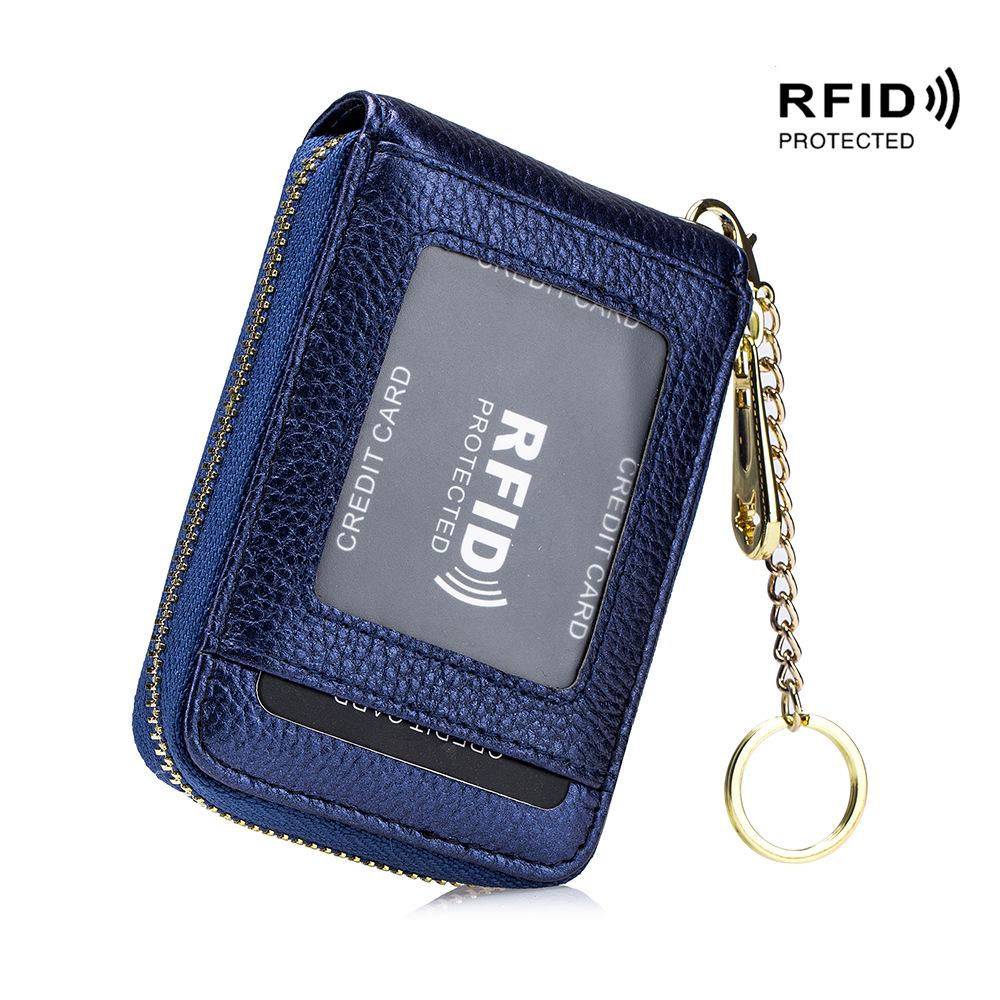 Exquisite RFID Genuine Leather Accordion Card Holder for Women and Men with Keychain