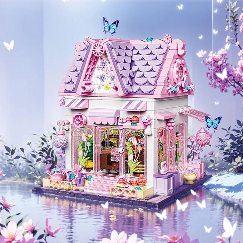 

City Street View Romance Pink Flower House Building Blocks European Architecture Cottage Model Toys Girls Birthday Gifts No Box