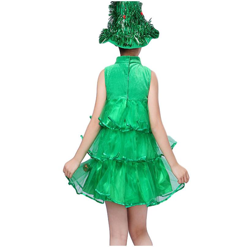 Kids Girls Xmas Green Elf Christmas Tree Dress Hat Sets Children New Year Cosplay Costumes Kindergarten Performance Role Play Outfit
