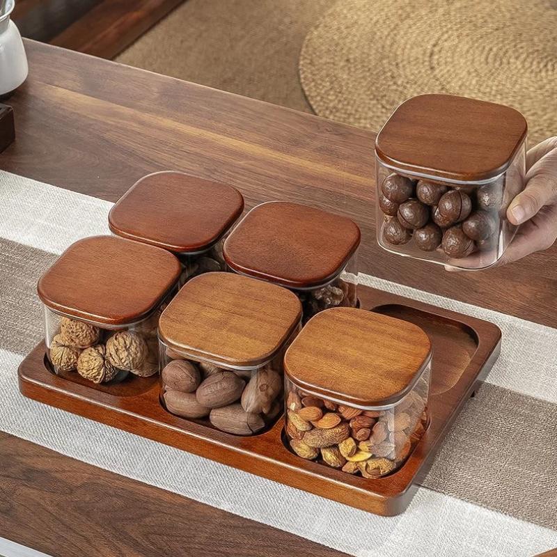 Quality Glass Sealed Canister Kitchen Food Storage Bottles with Walnut wood Lid Jars Grains Tea Leaf Coffee Beans Candy Jar