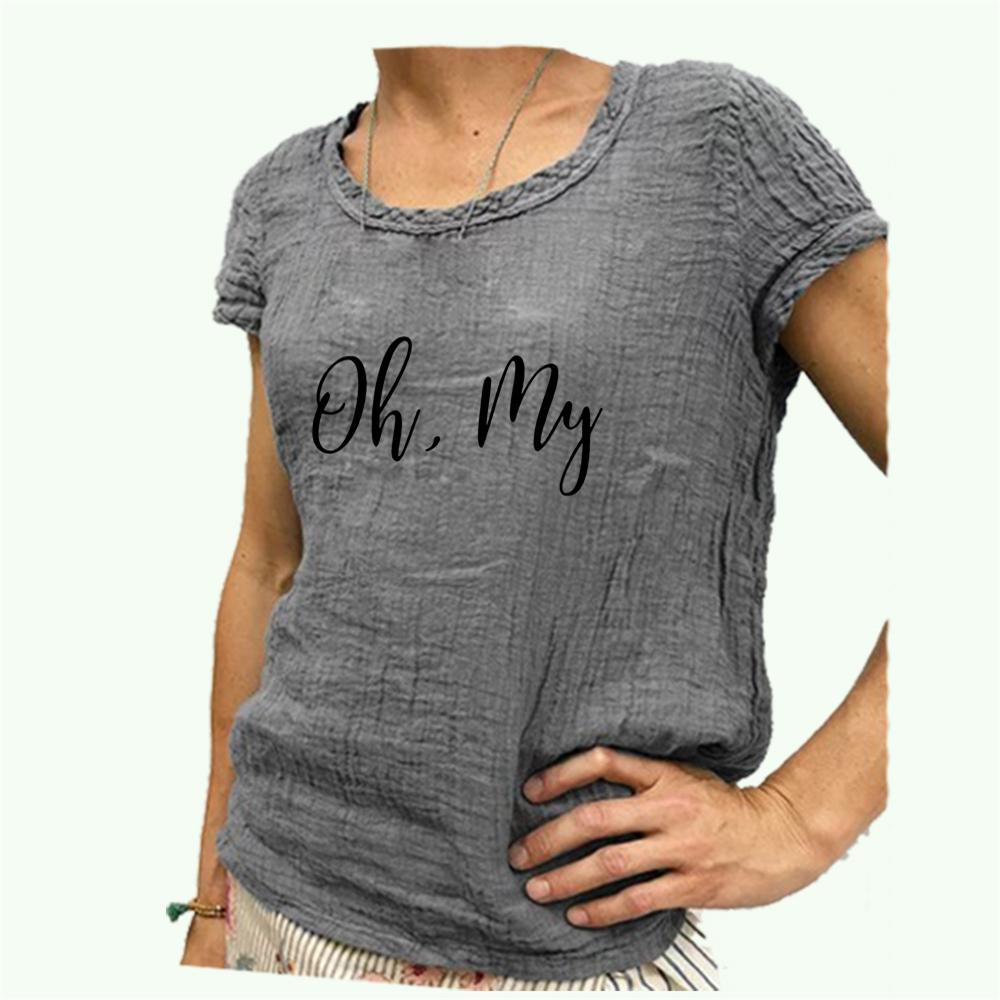 Women Fashion Cotton Linen T-shirt Round Collar Short Sleeve Top Spring&summer Print Blouse
