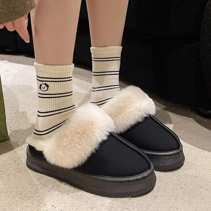 Fashion Platform Suede Flats Women Slippers Plush Warm Casual Snow Boots 2024 Winter Slingback Cozy Cotton Shoes Walking Chaussures Lady