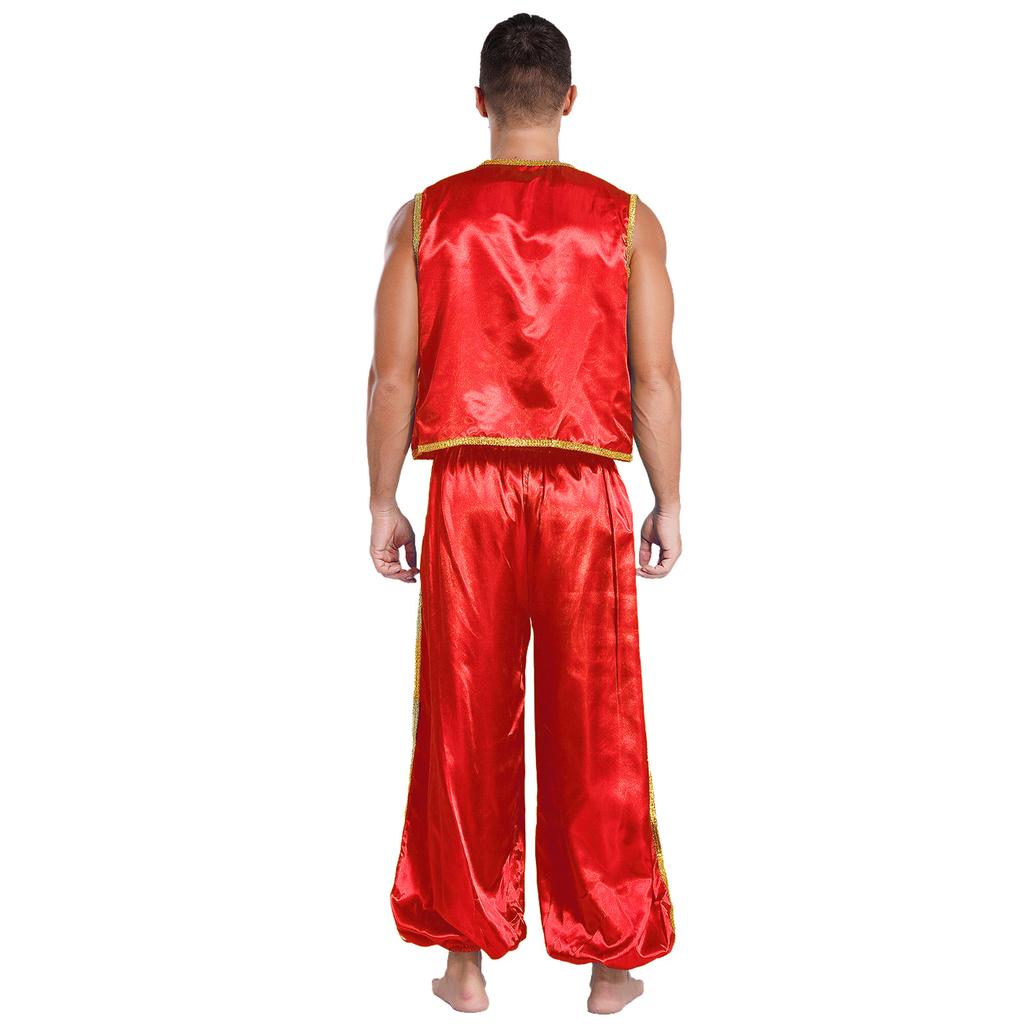 Herren Arabischer Prinz Kostüm Goldene Borte Satinweste und Hose mit Gummizug Märchen Cosplay Set