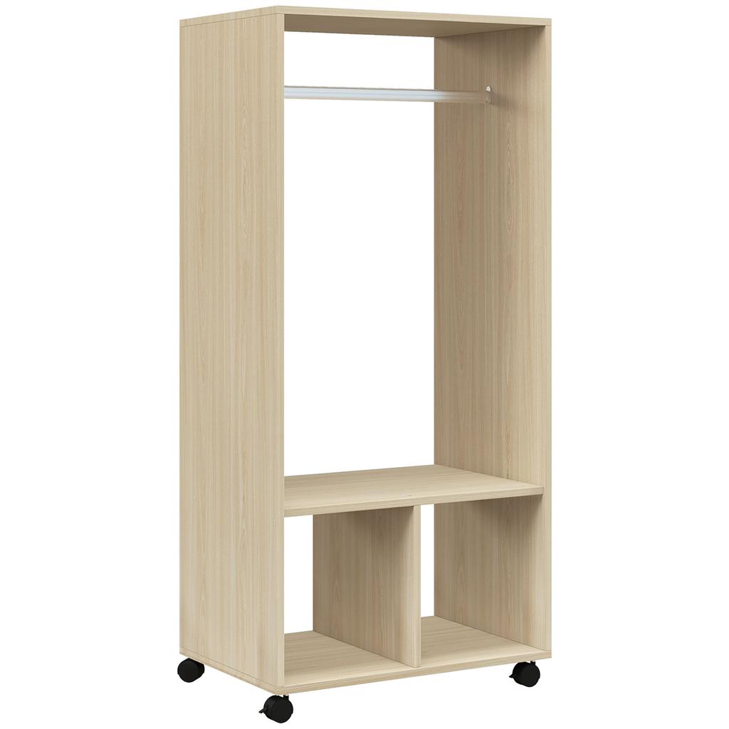 Wardrobe Closet Shelf 2 Compartments Wardrobe 4 Swivel Casters dim. 60L x 40W x 128H cm Natural Wood