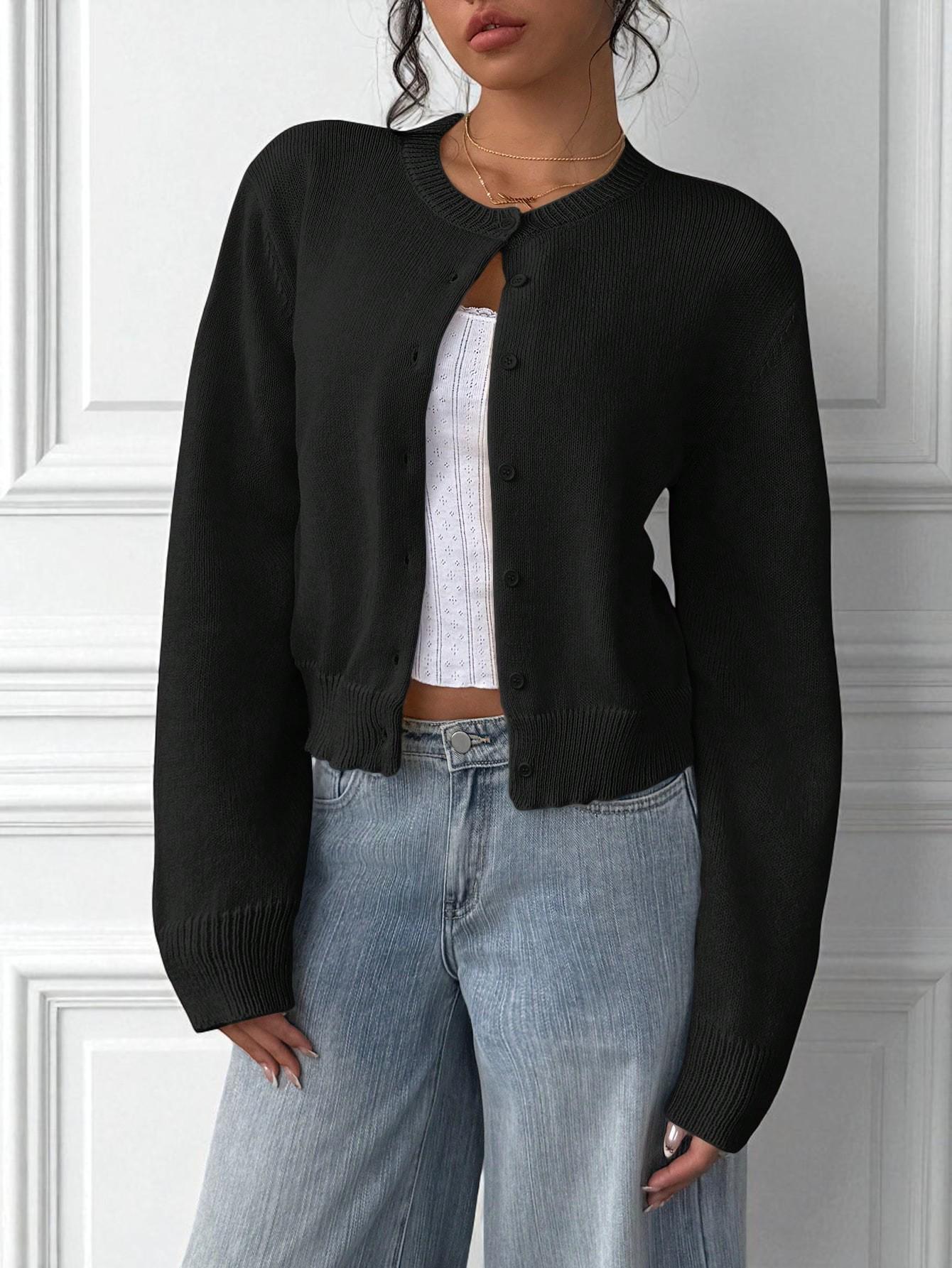 2025 Autumn Women s European & American Knit Cardigan - Round Neck, Long Sleeve, Short Sweater S чёрный