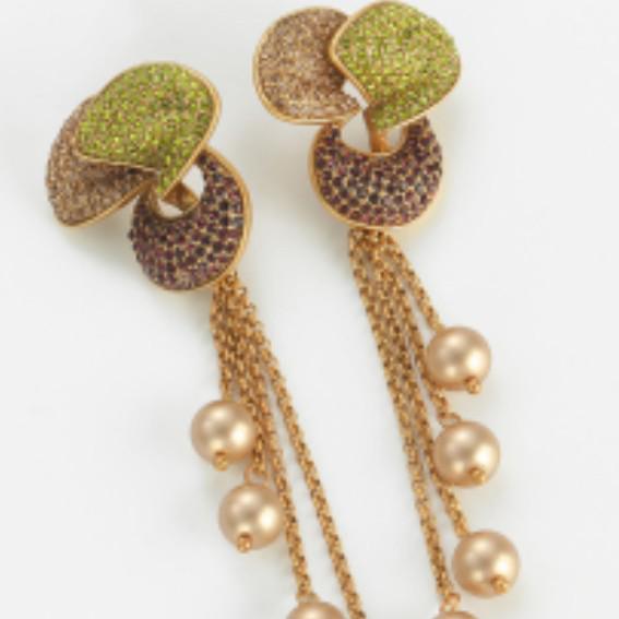 Golden Fan Flowing Pearls Antique Champagne Pink Pearl Necklace with Colored Diamond Fan Tassel