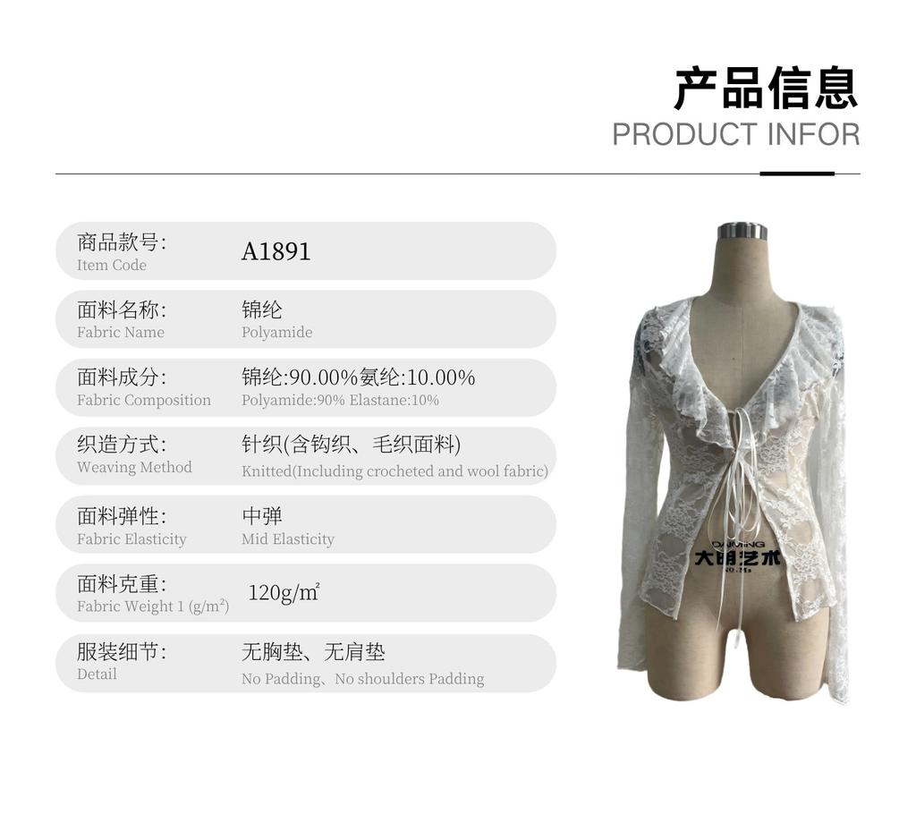 European and American Autumn New Design Chest Strap Split-ended Long-sleeved V-neck Lace Top
