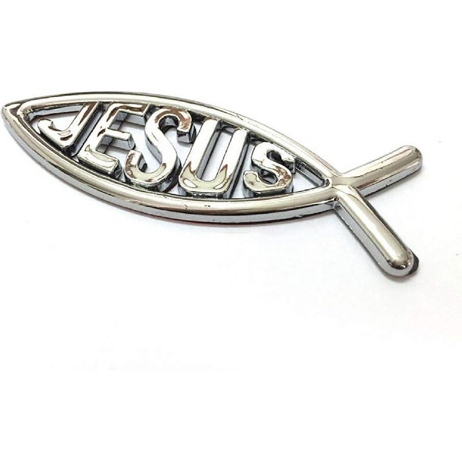 MEETCUTE 2pcs Jesus Fish Decal Sticker Silver,3D Car Chrome Decal Emblem Sticker Religious God for Jesus Christian Fish Symbol