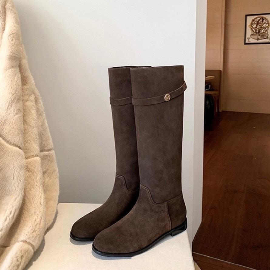 Spot Second Hair! Fashion Versatile New Korean Version Suede Small Gold Buckle with Thick Heel High Boots Knight Boots Women's Autumn and Winter