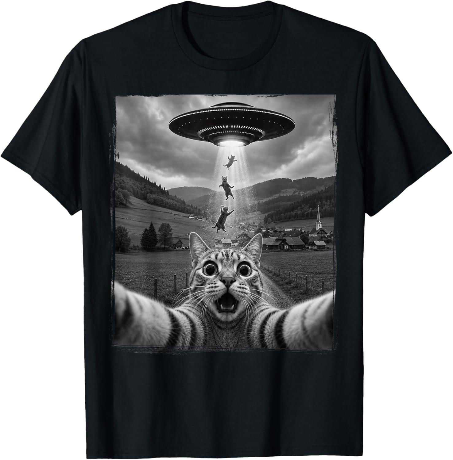 Cat Selfie with Alien UFO Funny Cat Shirts Men Women Kids Unisex T-Shirt XXXL