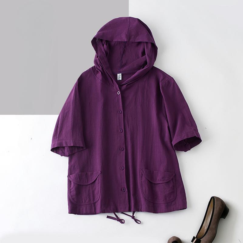 Damska Wiosenno-Jesienna Bawełniana Lniana Casualowa Luźna Bluzka Moda Oversize Kardigan z Kapturem Kawa Fiolet Plus Size Vintage Panie Cienki Płaszcz