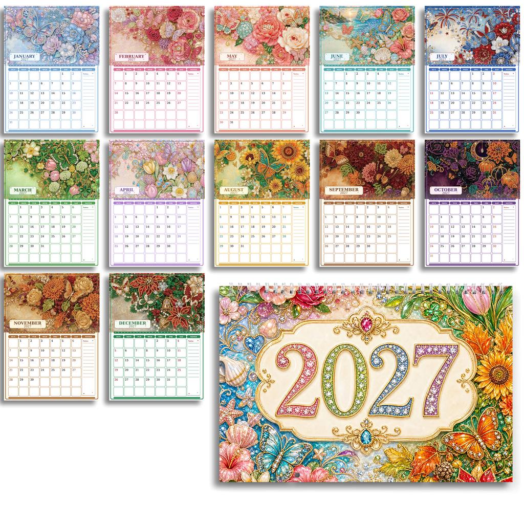 2027 DIY Diamantmalerei Kalender für Erwachsene Blumen Diamantkunst Kalender Edelstein Malerei Kunst Wände Datum für Heim Büro Dekoration