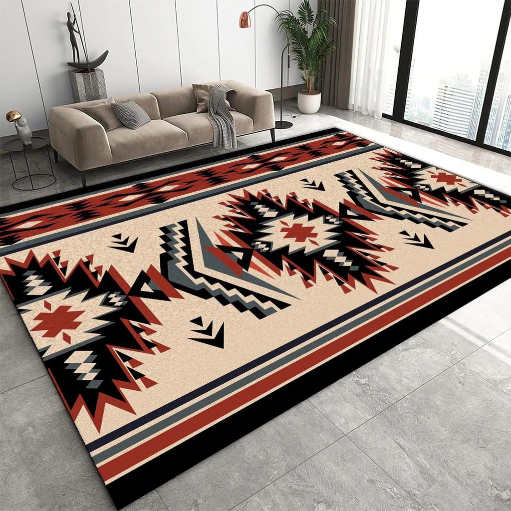 Totem Pattern Ethnic Geometric Carpet - Living Room Carpet Decoration Bohemian Style Bordered Colorful Geometric Floor Carpet