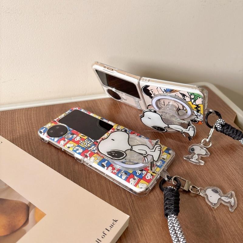 Cute lattice Cartoon Funny Snoopy Folding Magsafe Wireless Charge Phone Case For OPPO Find N2Flip N3Flip 3D Magnetic Holder