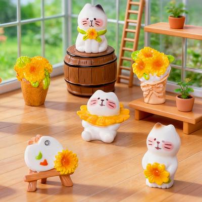 Micro Landscape Ornament with Cute Cat And Sunflower Miniature Figurines Pastoral Healing Scene Ornament for DIY Dollhouse