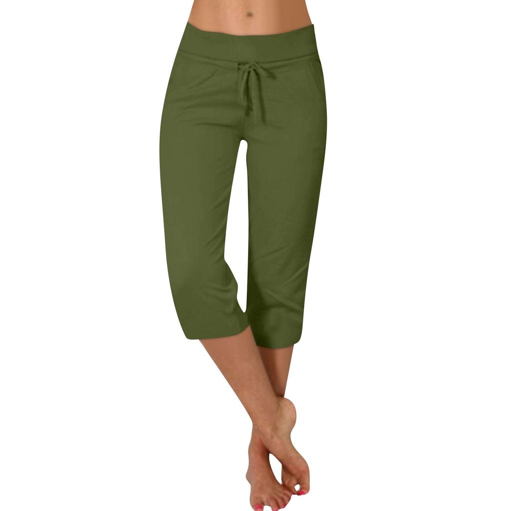 Women's Solid Color Casual Pants Elastic Waist High Waist Drawstring 7/10 Pants Athletic Casual Pants