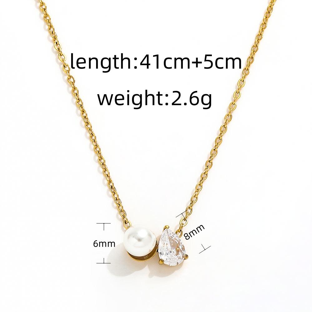 High-End 18K Gold PVD Dainty Waterdrop Rectangle Zircon Pearl Pendant Necklace