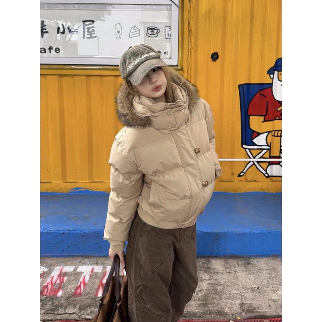 VAYLA Amerikanischer Retro Pelzkragen Warmer Einfarbiger Damen Kapuzen Baumwollmantel Ins Winter Locker Lässig Slim Baumwollmantel Jacken