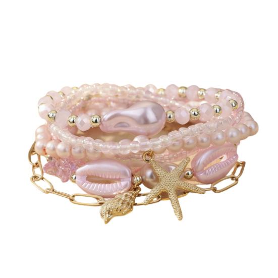 Summer Beach Bracelet for Women Faux Pearl Seashell Starfish Boho Layered Beaded Bracelets Handmade Stretch Bracelet