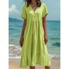 Women's Plus Size Linen Blend Patchwork Smocked Maxi Dress Short Sleeve Loose Fit Casual Summer