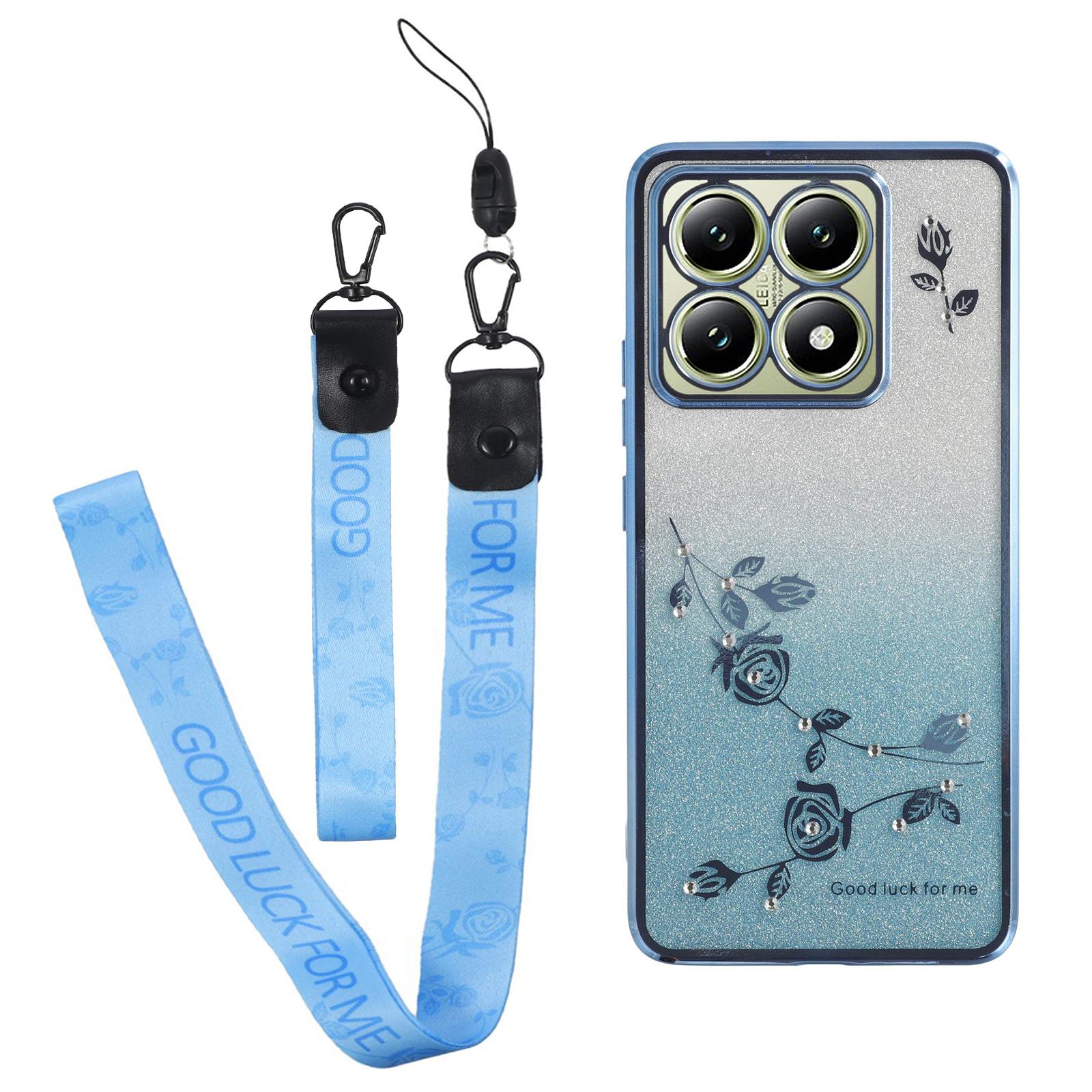 

For Xiaomi 14T Case Flower Pattern TPU Gradient Phone Cover with Lanyards Blue