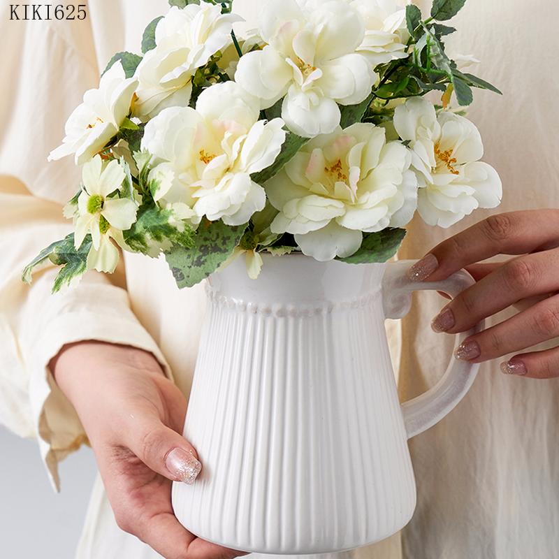Creative Striped White Kettle Vase Flower Arrangement Desktop Decoration Ceramic Milk Jug Flower Vase Art Living Room Decoration