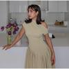 Elegant Pleated Dress For Women Fashion Street Short Sleeve Patchwork Long Dress Casual Office Lady Irregular Neck Robe