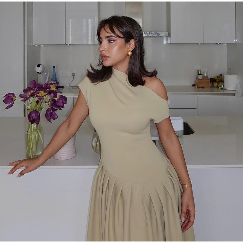 Elegant Pleated Dress For Women Fashion Street Short Sleeve Patchwork Long Dress Casual Office Lady Irregular Neck Robe