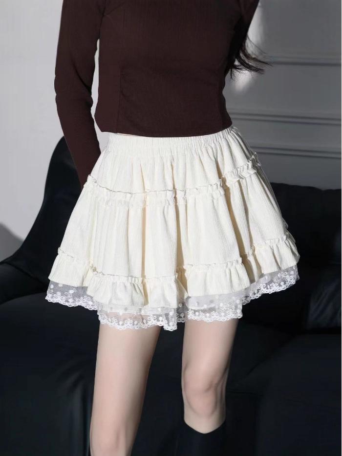Lace-Trimmed A-Line Flare Skirt for Women - High Waist, Slimming, Sweet Style for Autumn/Winter 2025