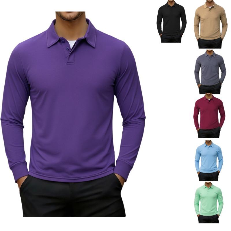 Men's Long Sleeve Polo Shirt Casual Solid Color Button Placket Collared Top