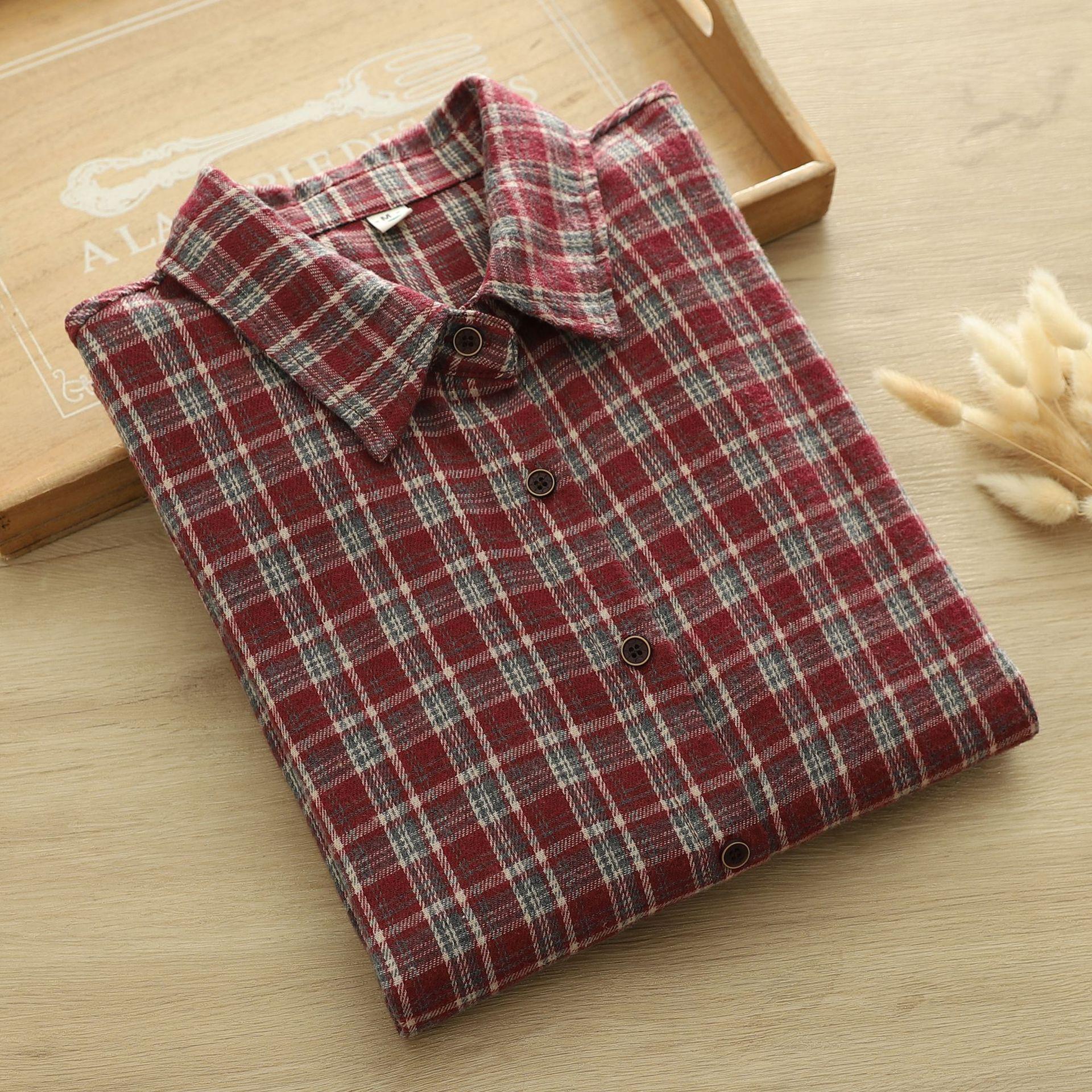 Literary Retro Plaid Brushed Cotton Long-Sleeve Women s Shirt - Spring 2026 Casual Collection Large