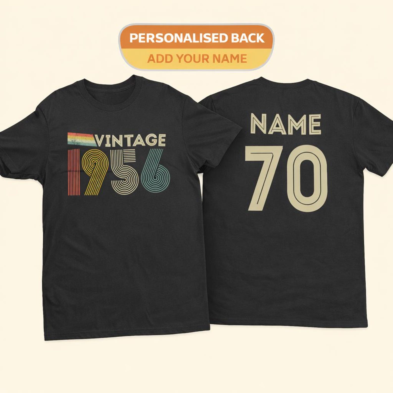 Personalised 70th Birthday T-Shirt: Vintage 1956 Retro Design 2026 70th name on back S