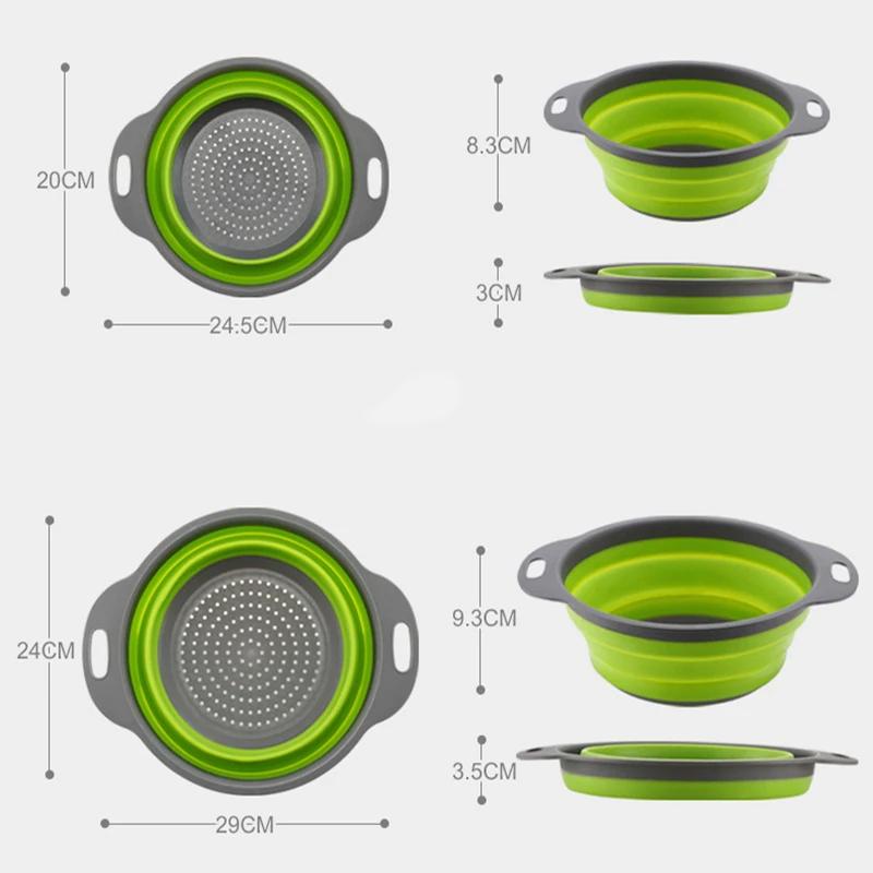 2pcs Silicone Round Folding Vegetable Fruits Washing Drain Basket Colander Strainer Collapsible Drainer Kitchen Tool Cocina