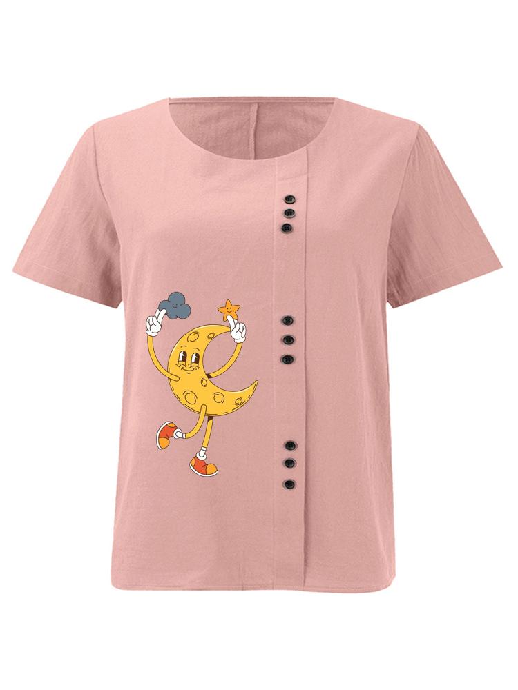 Women s Fashion Humanoid Crescent Moon Print Shot Sleeve T-shirt Loose Cotton Shirt Casual Loose Summer Blouse Tops Plus Size S розовый