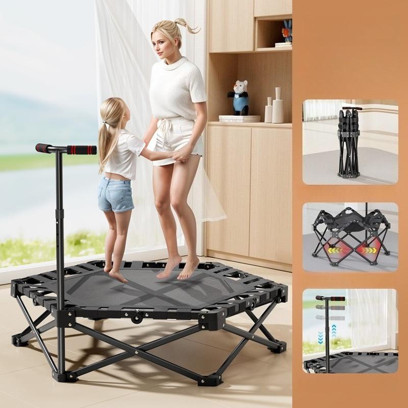 Foldable Trampoline Mini Kids with Safety Net Trampoline with Adjustable Handlebar Fitness Indoor Outdoor Jump Bed