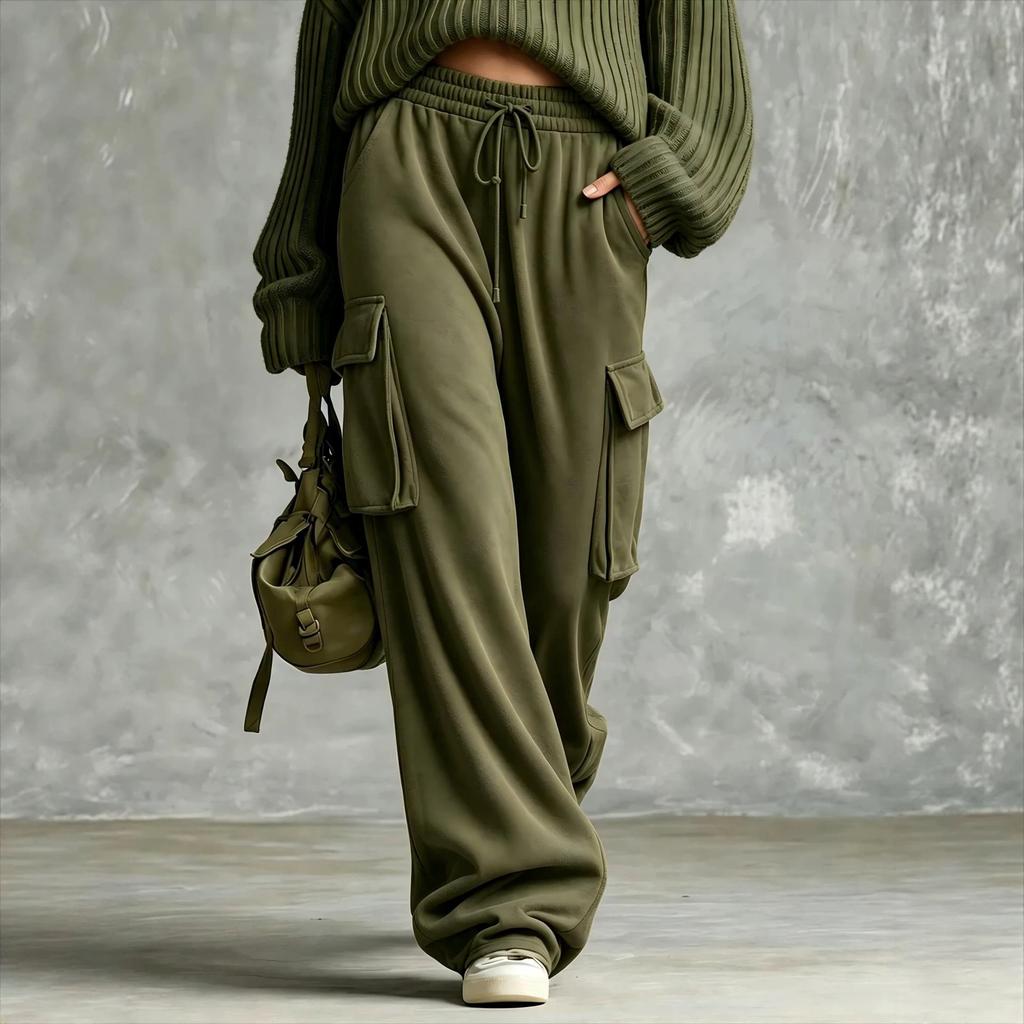 Relaxed Vintage Olive Green Drawstring Wide Leg Cargo Sweatpants