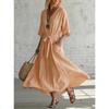 Summer Elegant Minimalist Cotton Linen V-neck Mid-sleeve Solid Color Breathable Waisted Wide Swing Long Dress
