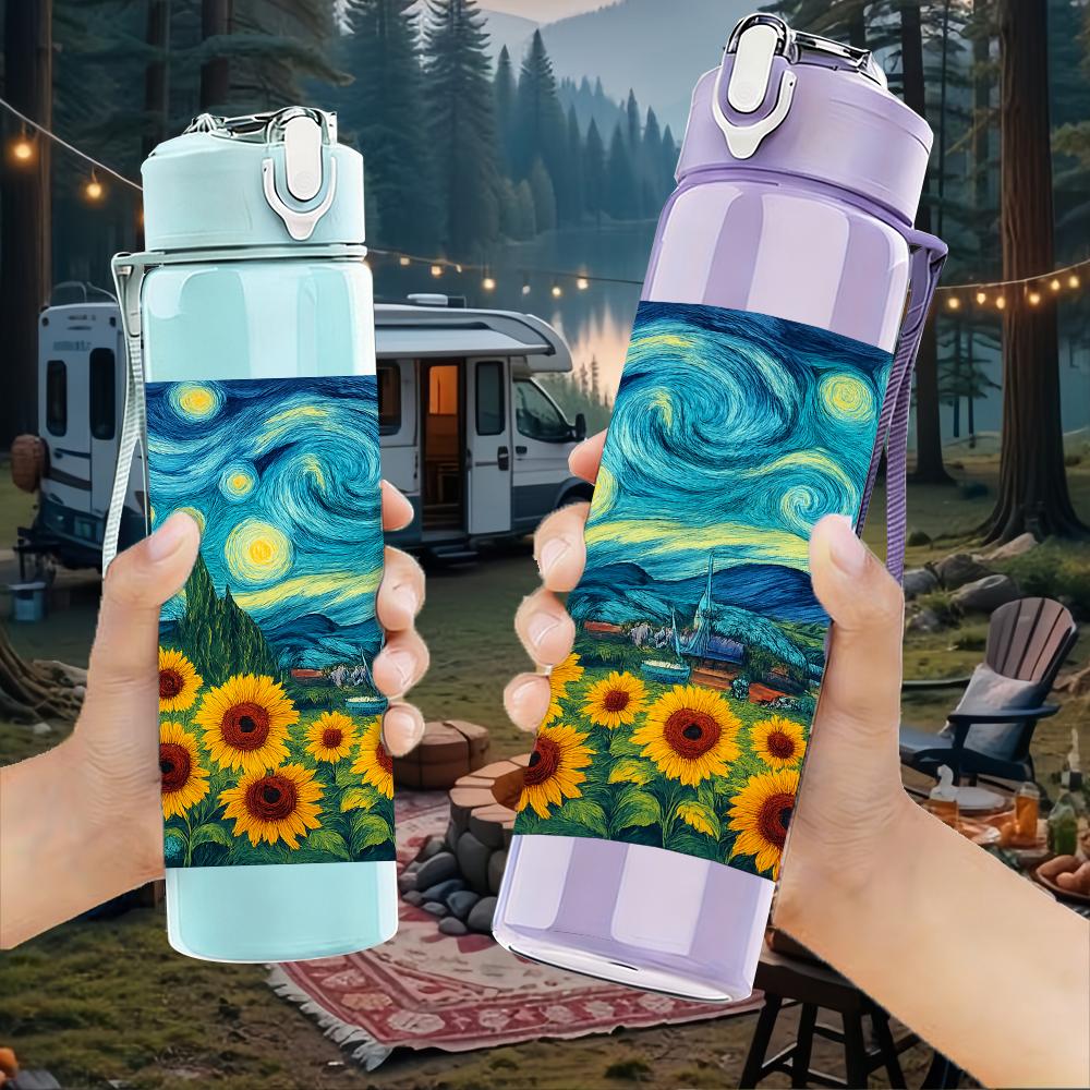 1PC Sunflower Starry Night Art 750ml Color Plastic Sports Water Bottle Leakproof Flip Straw Lid For Sports Office Home Use