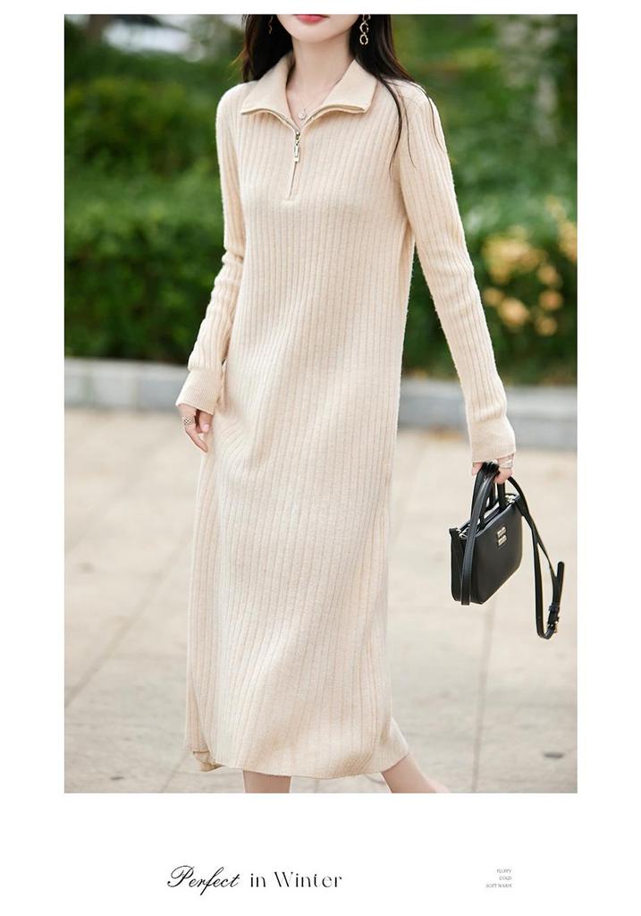 Women's Pure Wool Knit Maxi Dress - Long Sleeve, Half-Zip, Loose Fit, Solid Color, Autumn/Winter Fashion.
