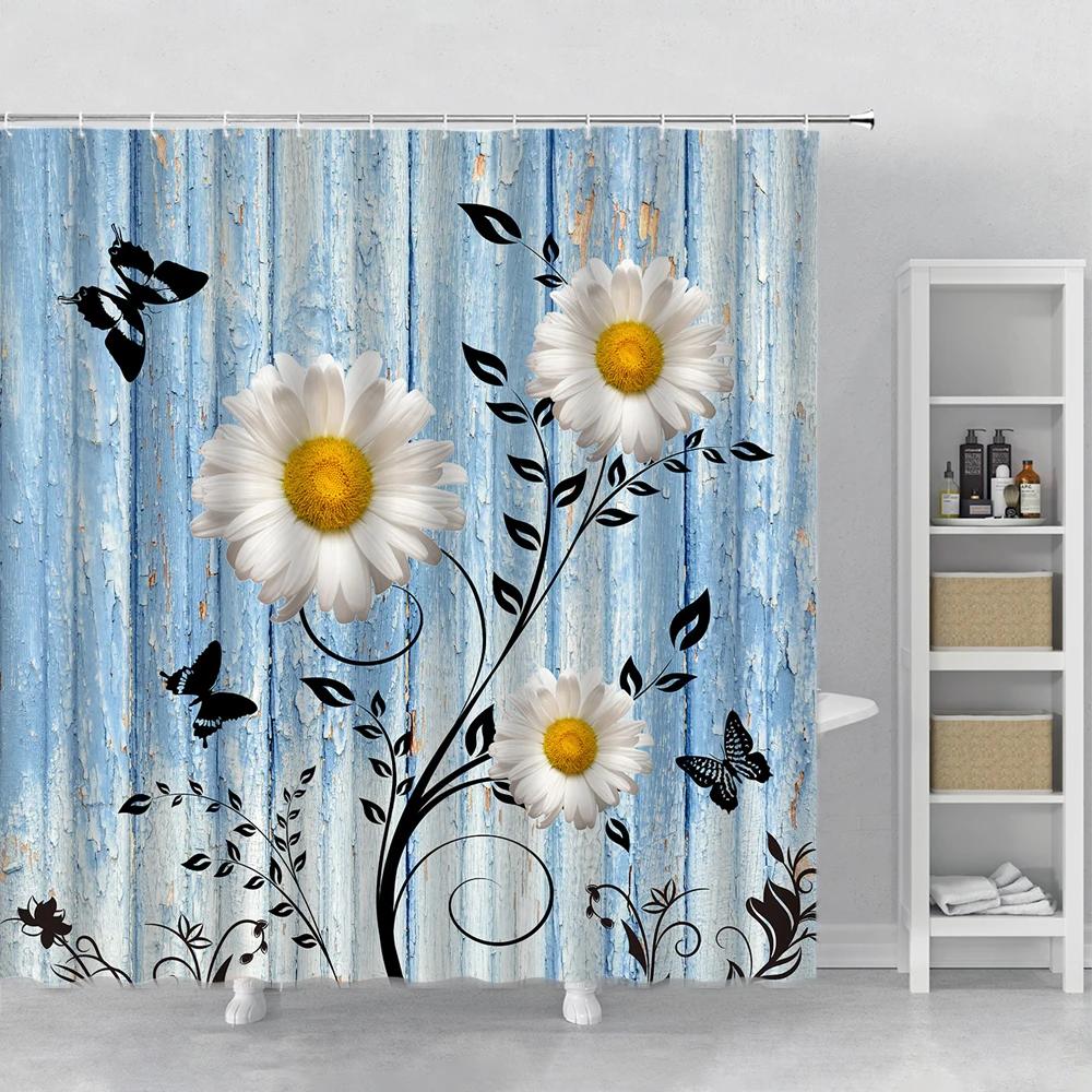 Flower Shower Curtain Set Orchid Teal Rose Plant Floral Leaves Print Bathroom Decor Fabric Bath Curtain Bathtub Accessories Hook