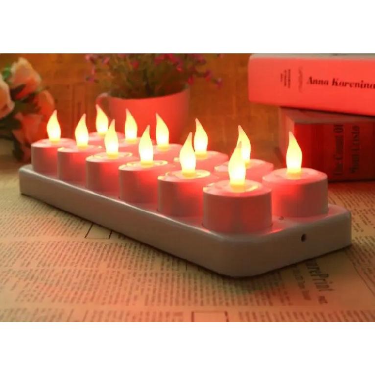 Set mit 12 wiederaufladbaren LED-Kerzen, flackernd, ohne Flamme, Teelicht, elektrische Lampe, wachsfrei, Valentinstag, Zuhause, Hochzeit, Weihnachten, Tischdekoration