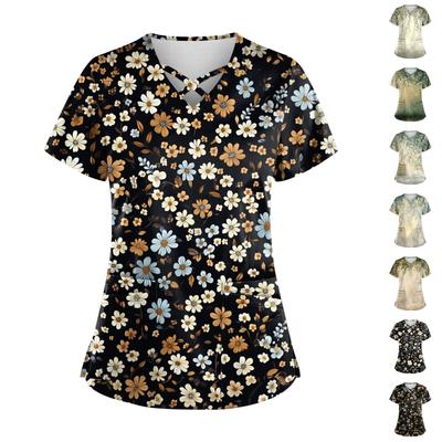Women's Short Sleeve Stagger V Neck  Print Pocket Dry-nurse Top