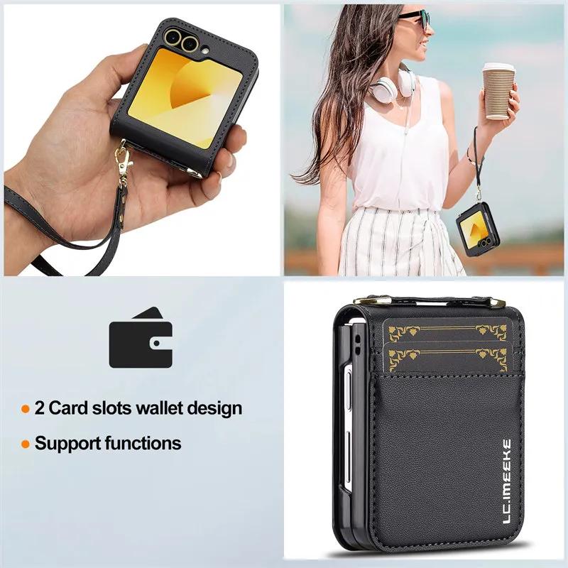 Magnetic Flip Leather Phone Case for Samsung Galaxy Z Flip 6 5 4 3 5G Flip6 Flip5 Flip4 Wallet Card Cover Etui Coque