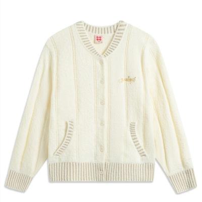 Comfortable Casual Simple V-Neck Loose Long Sleeve Cardigan Sweater Women Sweater Off-White AMBV036-1