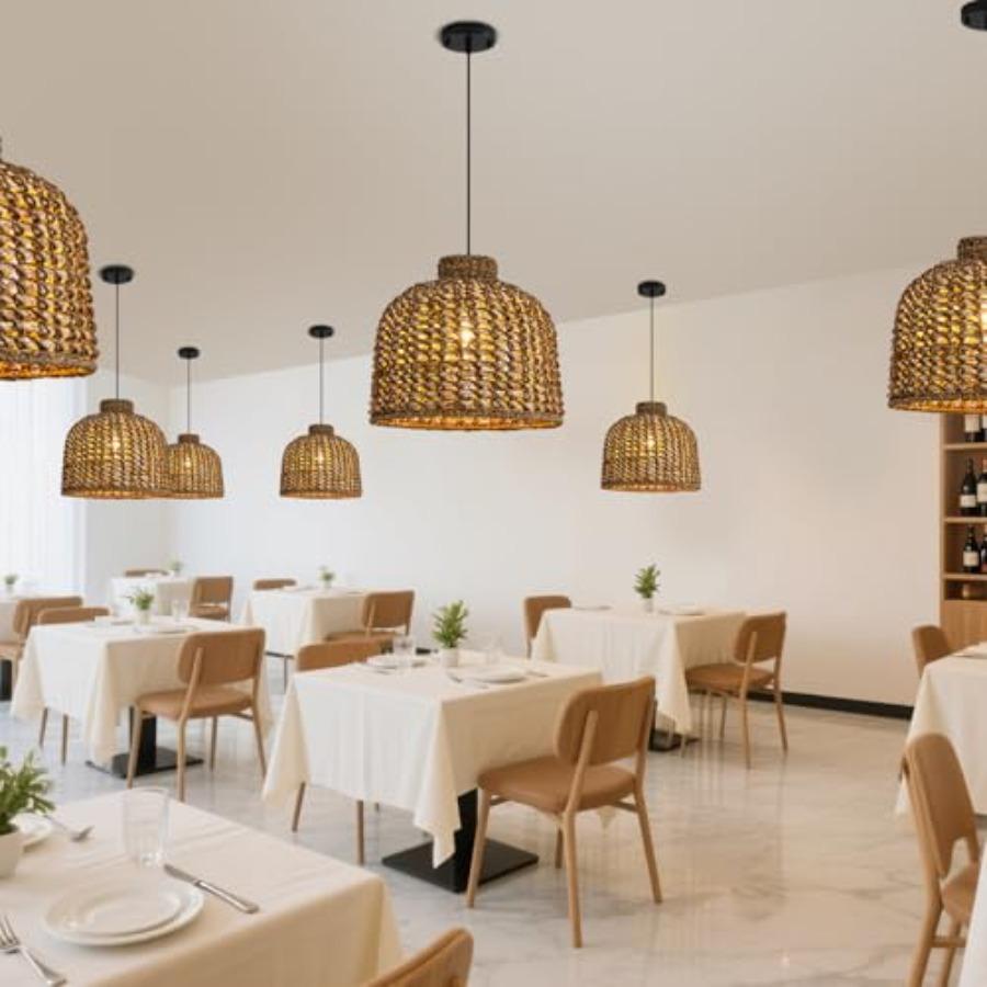 Boho Seagrass Pendant Light 13.78 Hand Woven Rattan Chandelier for Dining Living Bedroom Kitchen Farmhouse Natural Color Sustai