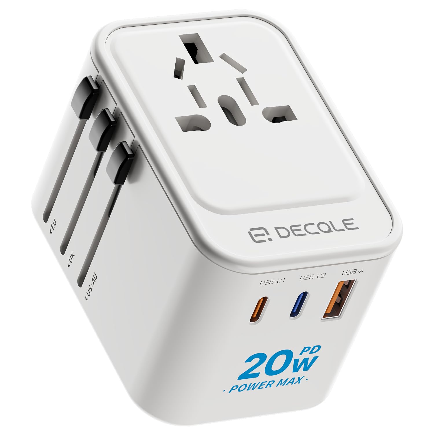 

decqle International Adapter Plug, Multi-Outlet Converter with 2 USB-C (PD20W Fast Charging) and 1 USB-A Ports, Charges 4 Devices Simultaneously,