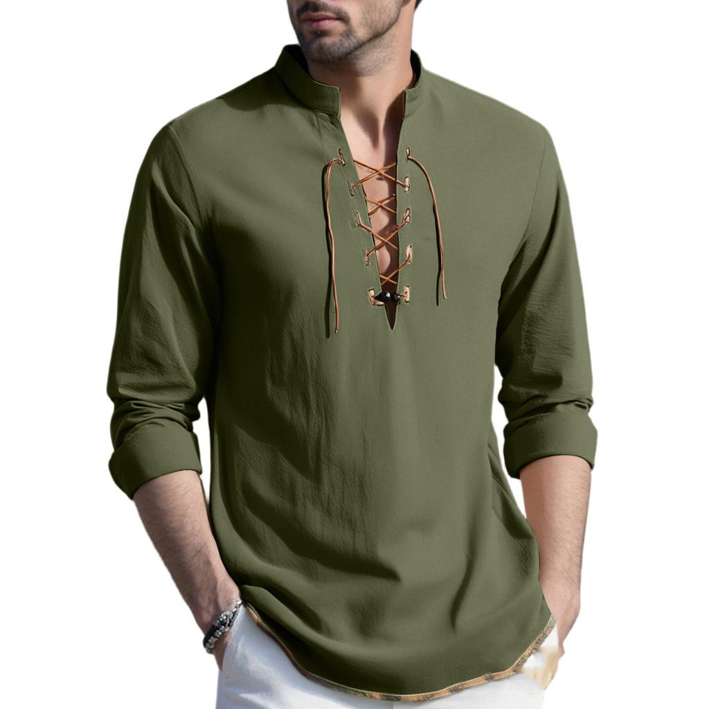 Men's Casual And Fashionable Cotton And Linen Solid Color Round-neck Long-sleeved