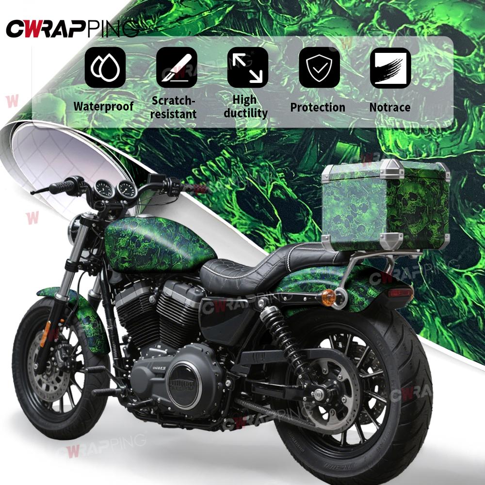 Car Wrap Vinyl Anti-Scratch Automotive Wrapping Green Skull Cartoon Printed Waterproof Wallpaper Sticker Tuning Auto Accessories