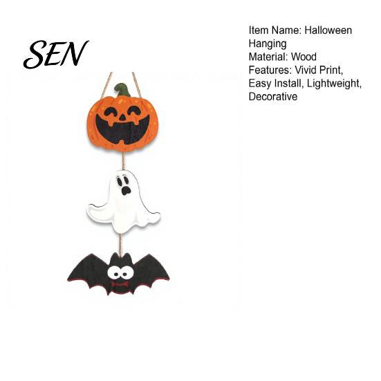 Seasonal Holiday House Ornaments Halloween Wooden Hanging Ornament, Jack-o'-Lantern Ghost Bat 3-Tier String Door Hanger, Cute Theme Store Accents Wood